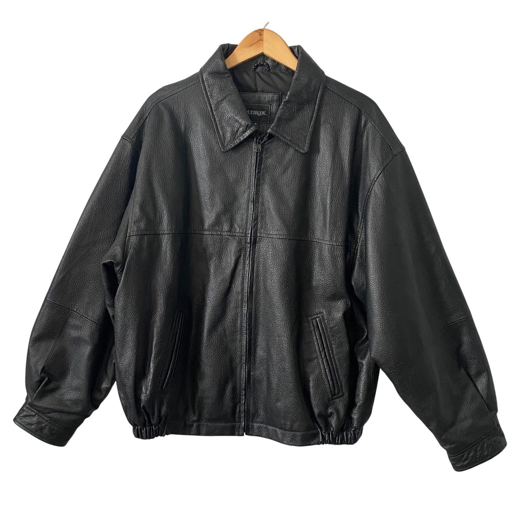 Outbrook Men XL Genuine Leather Bomber Jacket Black Full Zip Quilted Lined Heavy